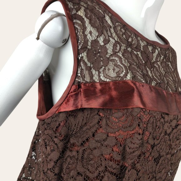 Vintage 1960s Brown Lace Cocktail Dress MOD MCM Tent Flare Satin Bow Lined M - Picture 7 of 12